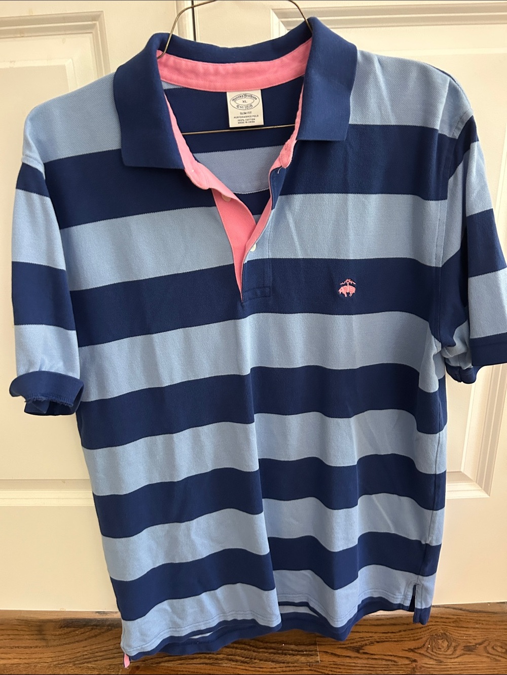 Brooks Brothers Light Blue & Navy Striped Polo with Pink Trim